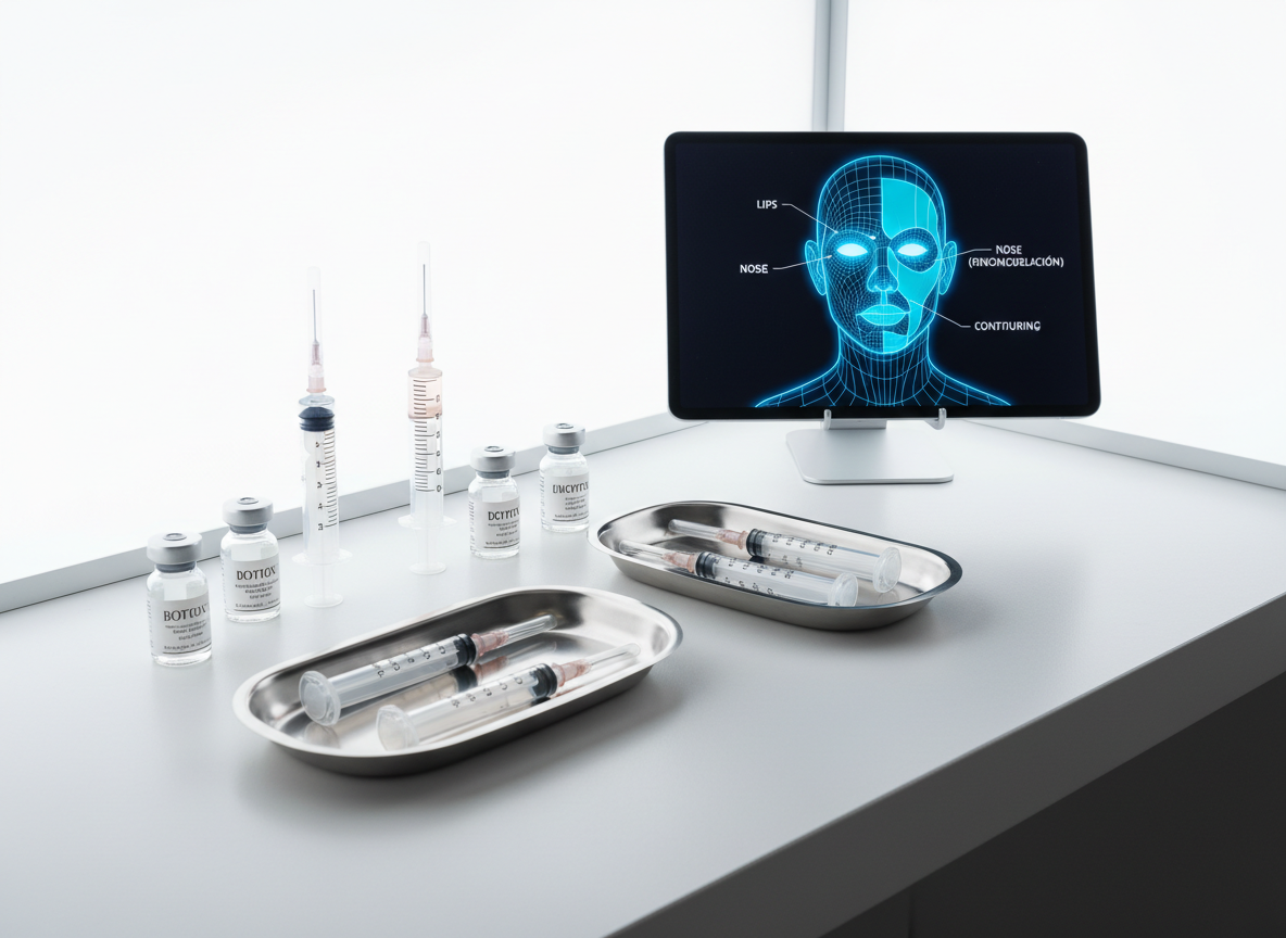 A set of premium aesthetic injectables displayed in an ultra-clean, clinical composition: crystal-clear syringes with precise dosage markings, glass vials labeled for botox and dermal fillers, and sculpted stainless-steel trays on a matte white counter. The vials contain subtly tinted solutions in soft amber and pale rose hues, arranged beside a sleek digital tablet showing a stylized, wireframe outline of facial contours, highlighting areas for lips, nose, and contouring. Cool, bright, diffused light from an overhead panel and a sidewall lightbox creates an even, shadowless illumination. Shot at an eye-level angle with sharp focus throughout, in photographic realism, the environment feels advanced and trustworthy. The mood is sophisticated, medical-grade yet aesthetic, ideal for communicating professionalism in botox, fillers, rinomodelación, and lip enhancement services.
