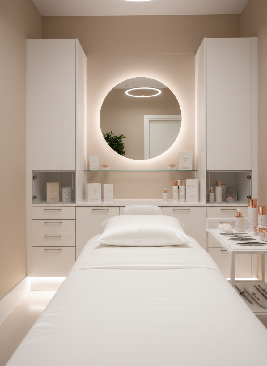 A luxurious treatment bed draped in crisp white linens with a subtle satin sheen, positioned centrally in an elegant aesthetic clinic room. Surrounding it are glossy white cabinetry, neatly arranged sterile instruments, and high-end skincare vials with soft rose-gold accents. The walls are a warm, pale taupe with a single large, backlit mirror and discreet built-in shelving displaying minimalistic product packaging. Soft, diffused overhead lighting combined with indirect LED strip lights along the baseboards creates a serene, evenly lit atmosphere with minimal shadows. Photographic realism at eye-level, composed with clean lines and a shallow depth of field that gently blurs the far background, evoking a sophisticated, clinical yet welcoming mood suitable for a premium beauty clinic homepage.
