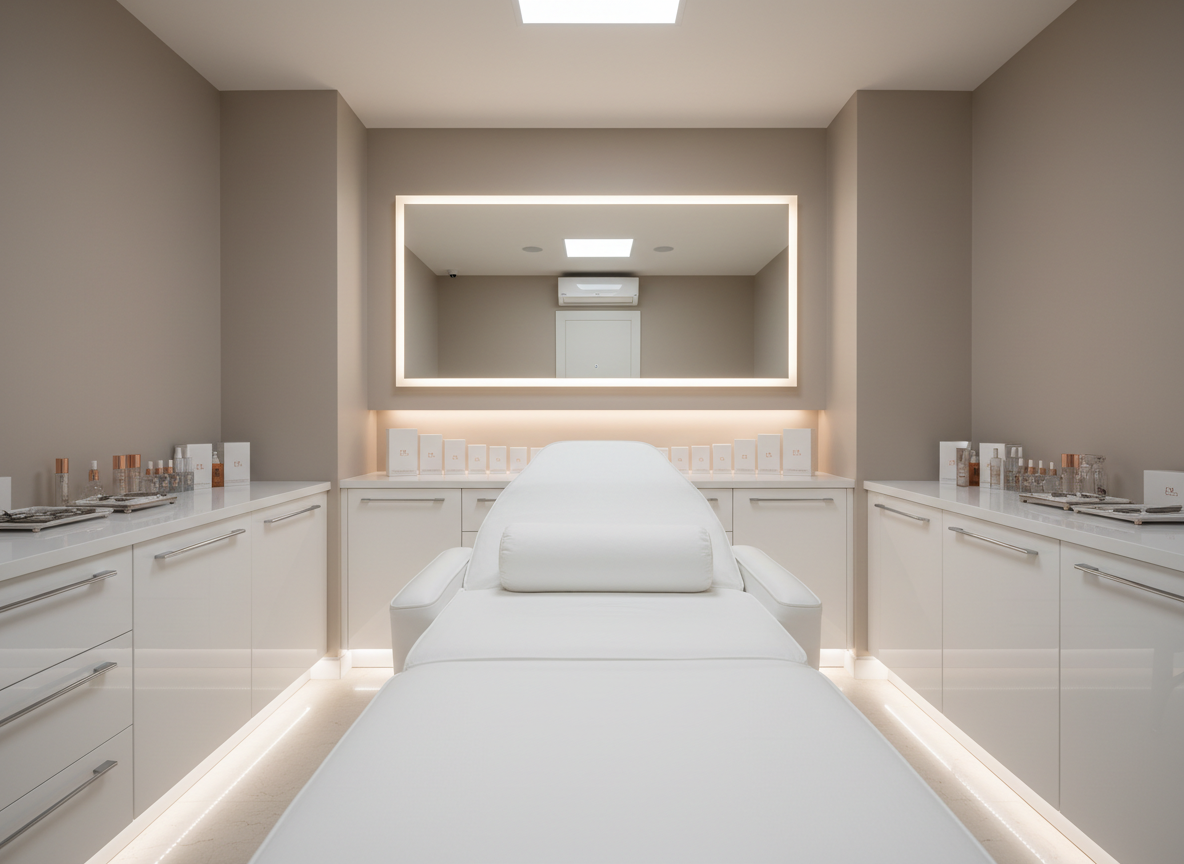 A luxurious treatment bed draped in crisp white linens with a subtle satin sheen, positioned centrally in an elegant aesthetic clinic room. Surrounding it are glossy white cabinetry, neatly arranged sterile instruments, and high-end skincare vials with soft rose-gold accents. The walls are a warm, pale taupe with a single large, backlit mirror and discreet built-in shelving displaying minimalistic product packaging. Soft, diffused overhead lighting combined with indirect LED strip lights along the baseboards creates a serene, evenly lit atmosphere with minimal shadows. Photographic realism at eye-level, composed with clean lines and a shallow depth of field that gently blurs the far background, evoking a sophisticated, clinical yet welcoming mood suitable for a premium beauty clinic homepage.