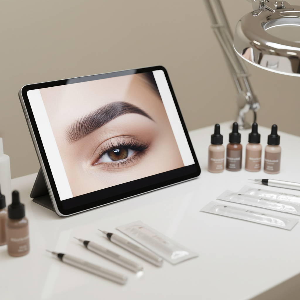 A close-up of a perfectly shaped pair of eyebrows showcased on a high-resolution, glossy display tablet resting on a sleek white countertop. The brows appear in photographic detail, with individual hair strokes rendered in microblading and shading that transitions from soft gradient at the front to defined arches in HD and 4K style. The tablet is surrounded by neatly aligned sterile microblading tools, pigment bottles in muted nude tones, and a chrome magnifying lamp arm extending into frame. Soft studio lighting from the side creates delicate reflections on metallic surfaces and highlights the screen, while the background fades into a smooth, creamy blur. Captured from a slightly elevated angle, the composition is modern, clean, and sophisticated, emphasizing precision and artistry in eyebrow design without including any full human features.