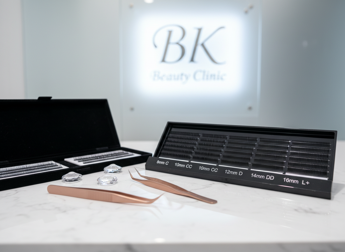 An impeccable arrangement of eyelash extension trays displayed on a glossy black acrylic organizer, each row labeled with lengths and curls in elegant silver typography. Nearby, there is a luxurious velvet-lined lash palette, fine-tipped tweezers in brushed rose-gold, and small crystal adhesive holders, all placed on a polished white marble work surface. Behind them, a frosted glass panel with a subtle BK Beauty Clinic logo is softly illuminated. The scene is lit with diffused, cool-white studio lighting from above, creating crisp reflections and refined shadows. Photographic realism with a slightly low, close-up perspective and shallow depth of field focuses on the intricate lash fibers, while the background melts into smooth bokeh, conveying a refined, meticulous, and high-end lash service atmosphere.