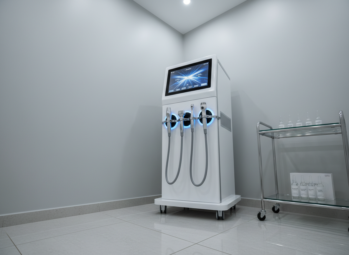 A state-of-the-art aesthetic aparatología corner featuring a tall, glossy white multifunction beauty machine with a touchscreen interface displaying sleek blue and silver UI elements. Multiple handpieces rest in illuminated docking stations, their chrome and transparent components gleaming. The machine stands on polished large-format porcelain tiles, with a minimal glass trolley nearby holding enzyme and péptona ampoules in translucent glass, each labeled with fine, modern typography. Indirect LED strips behind the machine cast a soft halo on a smooth light-gray wall, while overhead recessed lights provide uniform, cool-toned illumination. Captured from a slightly low angle in photographic realism, the composition uses leading lines to draw the eye up the machine, communicating innovation, precision, and cutting-edge technology in a sophisticated clinical setting.